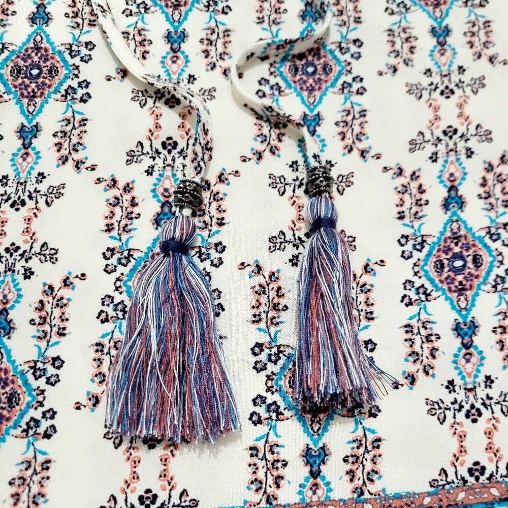Artesia Floral Boho Blouse Tunic V-neck 3/4 Sleeve With Tassels Woman's Size XL - Picture 6 of 13